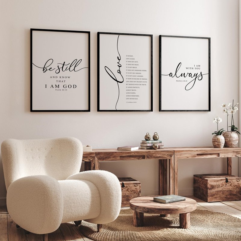 Heiple Framed Be Still and Know that I am God Sign Love is Patient Love is Kind Wall Art Set of 3 Prints for Home Bedroom Decor Above Bed Bible Verse Scripture Art Christian Religious Wall Decor (Black, 16"x24")