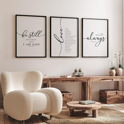 Heiple Framed Be Still and Know that I am God Sign Love is Patient Love is Kind Wall Art Set of 3 Prints for Home Bedroom Decor Above Bed Bible Verse Scripture Art Christian Religious Wall Decor (Black, 16"x24")