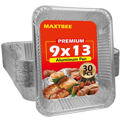 MAXTBEE 9x13 Aluminum Foil Pans, 30 Pack Disposable Trays Half Size Heavy Duty Tin Pans Deep Food Containers For Cooking, Meal Prep, Baking, Roasting, Chafing, Heating or Steam Table