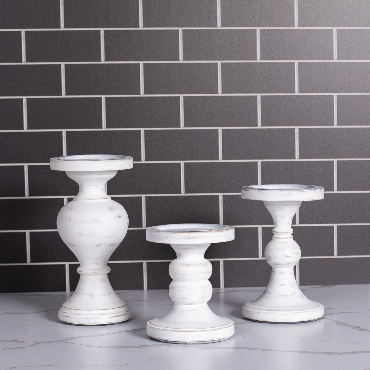 BIRDROCK HOME 3pc Pillar Candleholders - Whitewash - Farmhouse Decor - Wooden Candle Holders - Table Centerpiece - Stand