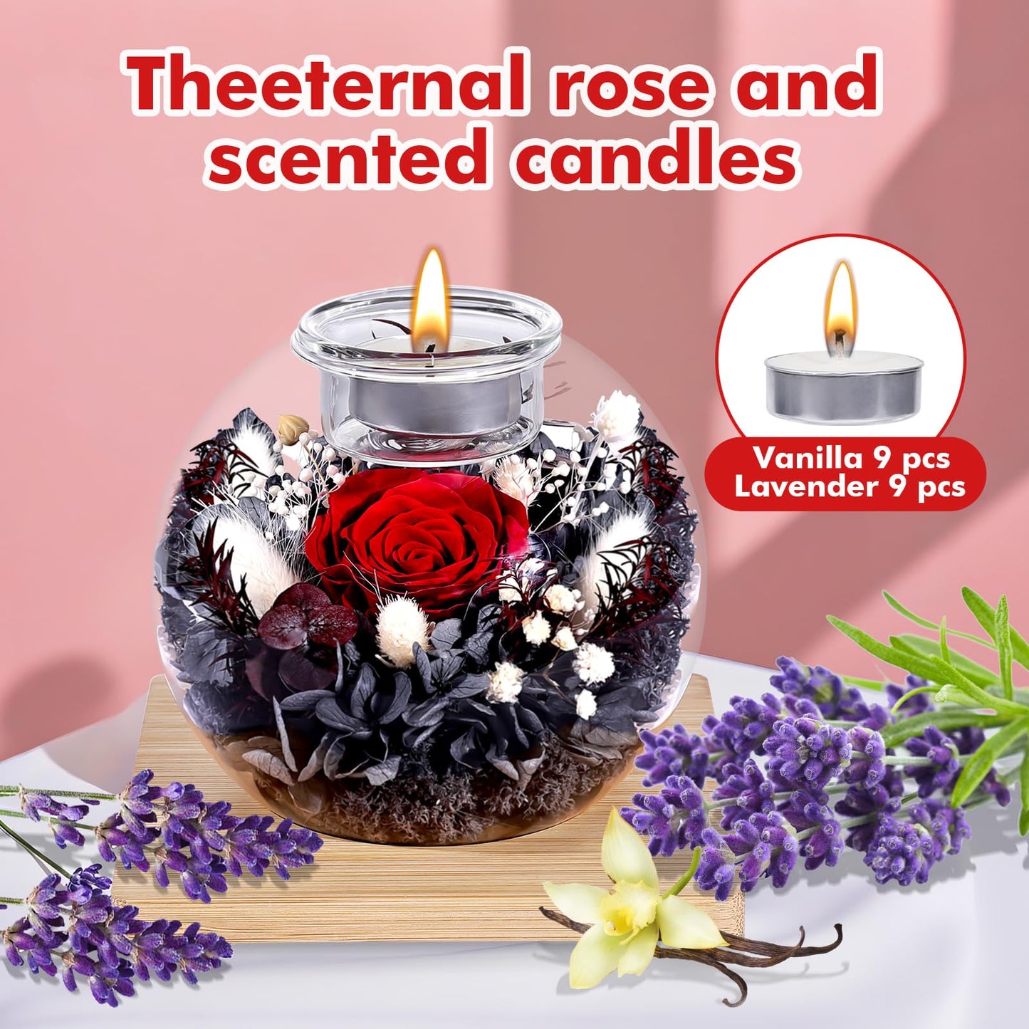 NERCHVO Preserved Forever Rose in Glass Dome with 18 Scented Candles Gift Set, Eternal Romantic Gift for Women, Birthday Anniversary Valentines Day Mothers Day for Girlfriend Wife Mom