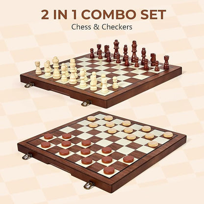 MerryPony 2 in 1 Wooden Chess and Checkers Set Magnetic – 15 inch Folding Board Game with Strong Magnetic Chess Pieces with 2 Extra Queens Portable Travel Beginner Chess Game Set for Adults Family