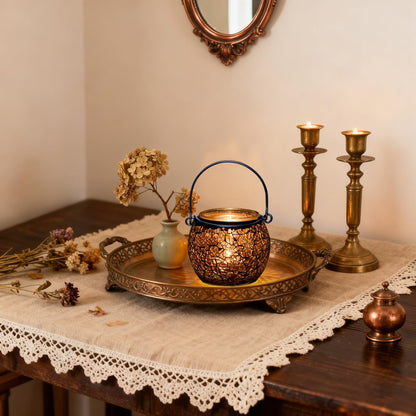 Rancco Candle Holder Mosaic Glass Tea Light Holder, Votive Candle Holders with Handle for Thanksgiving Table Centerpiece Christmas Party Decor,Also Used as Vase,Pen Holder,Potted Plants Bowl (Amber)