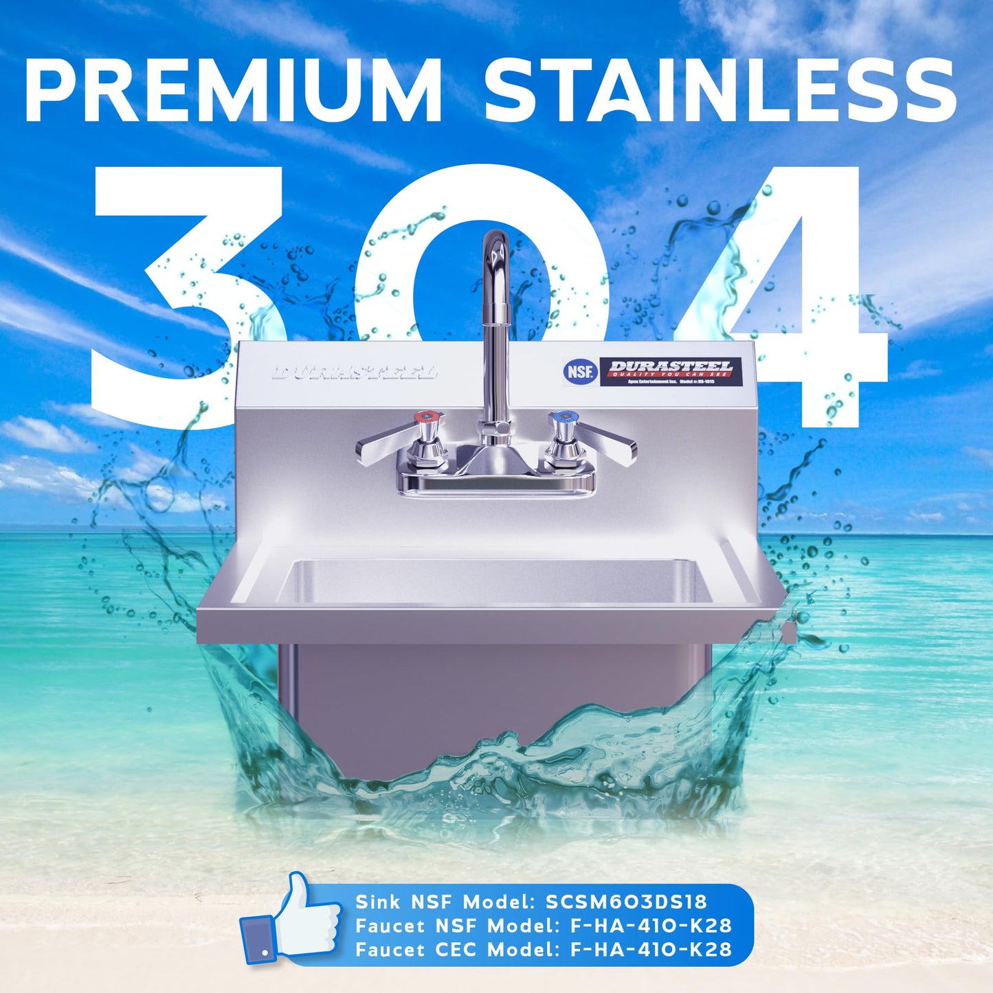 DuraSteel Stainless Steel Sink - NSF Commercial Wall Mount Kitchen Sink - Small Hand Sink with 12" x 10" x 5.5"D Wash Basin - With Sink Strainer and Faucet - For Laundry, Restaurants, Bars, and More