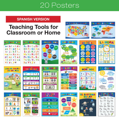 Global Printed Products, 20 Extra Large Educational Poster For Kids (24x17 Double Sided English/Spanish) Alphabet Color Letter Numbers Shapes Months Days Weather Time Animals Solar System Seasons Map