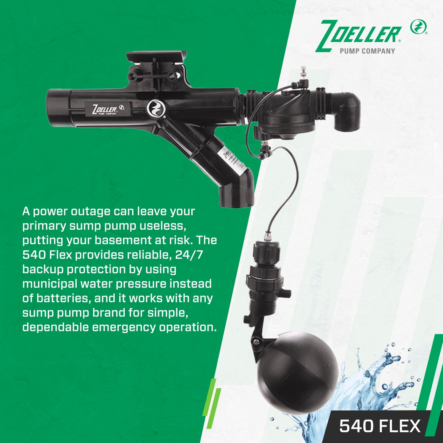 Zoeller 540 FLEX Water-Powered Backup Sump Pump System – No Battery or Electricity Required - Installs Horizontally or Vertically - Works During Sump Pump Failure - ¾″ Inlet / 1-½″ Discharge