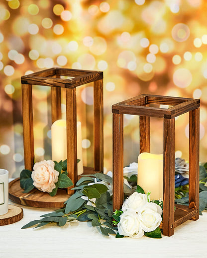 Huquary 8 Pcs Wooden Wedding Lantern Centerpiece for Table Decoration Includes 4 Farmhouse Candle Holder and 4 Flameless Decorative LED Candles for Rustic Home Wedding Decor(Dark Brown)
