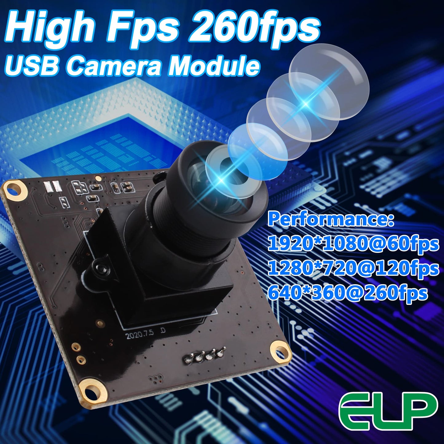 ELP High Speed USB Camera 1080P Embedded Webcam Board with 100degree No Distortion Lens for Computer High fps 60fps 120fps 260fps Wide Angle UVC USB2.0 Camera Module for Laptop 3D Printer Raspberry Pi