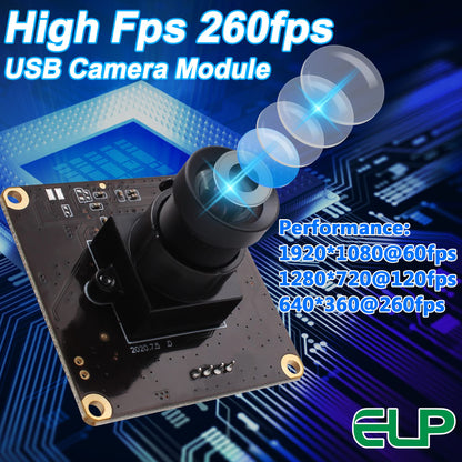 ELP High Speed USB Camera 1080P Embedded Webcam Board with 100degree No Distortion Lens for Computer High fps 60fps 120fps 260fps Wide Angle UVC USB2.0 Camera Module for Laptop 3D Printer Raspberry Pi