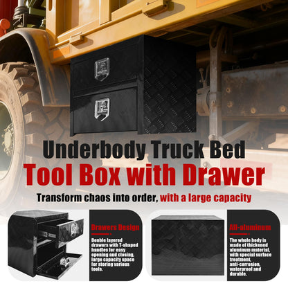 Underbody Truck Tool Box 24"x 18"x 20" Heavy Duty Double-Layer Aluminum Truck Bed Toolbox with Drawer and Lower Door Tools Storage Organizer with Lock and Keys Suitable for Truck Bed Pickup RV Trailer