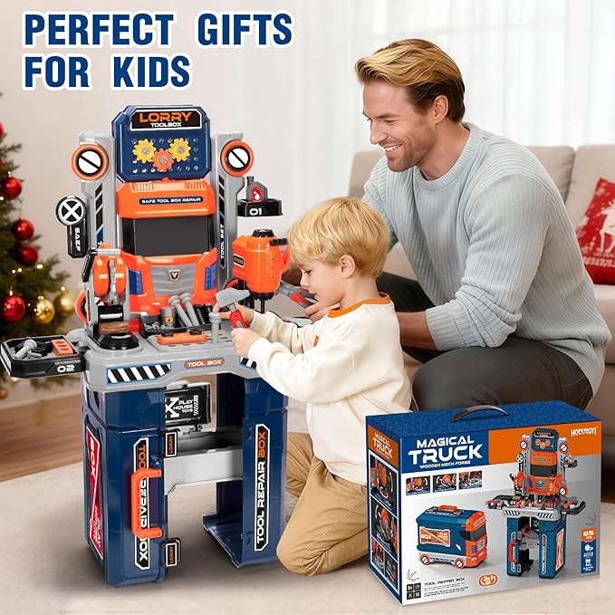Kids Tool Bench with Electric Drill and Power Miter Saw Construction Workbench Toys for Boys Age 3 4 5 6 7 8 Toddler Realistic Tools Table Playset Tool Box Set Christmas Birthday Gift for Kids 3-5