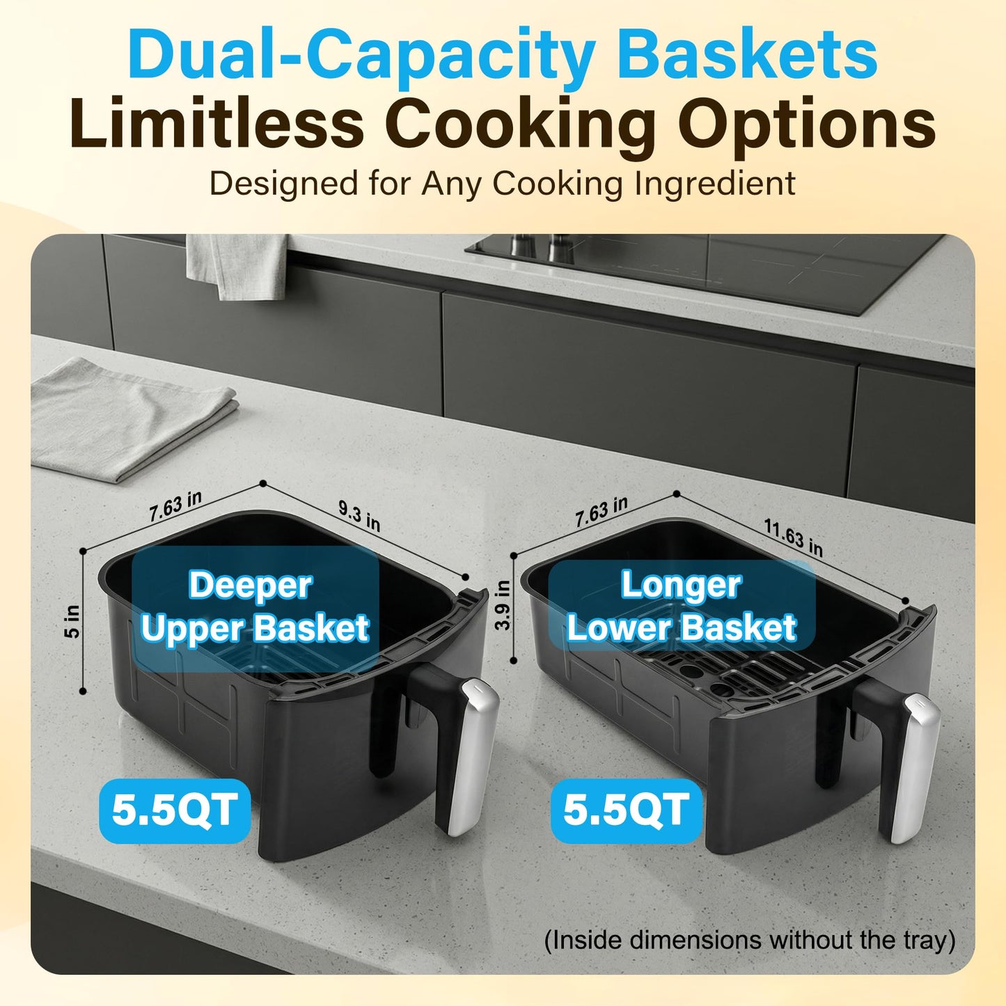 11QT Air Fryer Dual Large Basket Design (Deep Top & Long Bottom) for Whole Chicken & Ribs,430°F High-Heat Broil, 360° Rapid Circulation, 6 in 1 Preset Function, Family Meals, PFAS Free Nonstick