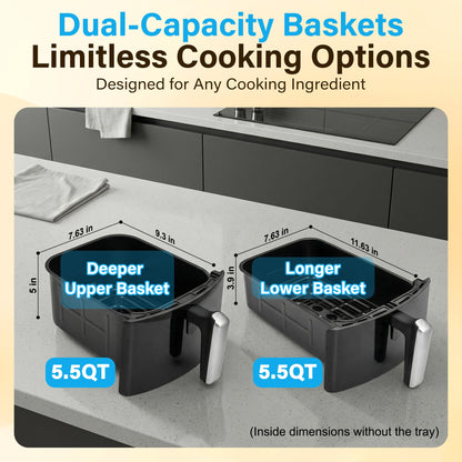 11QT Air Fryer Dual Large Basket Design (Deep Top & Long Bottom) for Whole Chicken & Ribs,430°F High-Heat Broil, 360° Rapid Circulation, 6 in 1 Preset Function, Family Meals, PFAS Free Nonstick