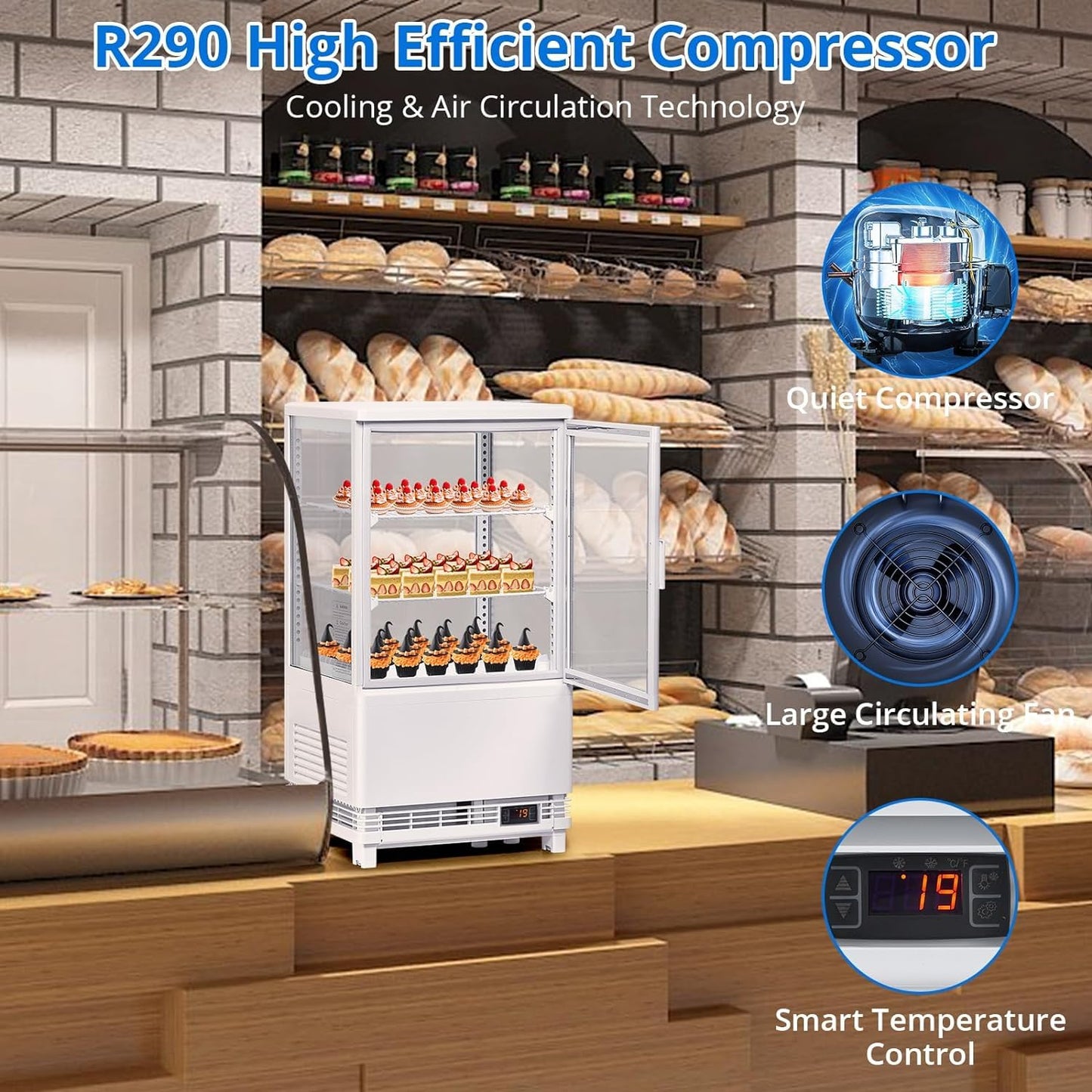 Litake Commercial Refrigerator Display Case, 2.1 Cu.FT Display Fridge Single-Door Pastry Display Case with Interior LED Lighting, Double-Layered Glass Commercial Countertop Bakery Display Refrigerator
