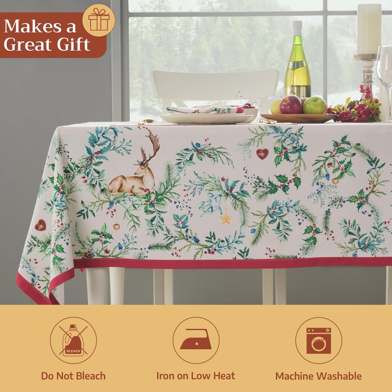 Maison d' Hermine Table Cloth Rectangle Table 100% Cotton 60 x 108 Inches Fall Tablecloth Reusable Everyday Use for Thanksgiving Christmas Decorations Dining Farmhouse Party (Holly Time)