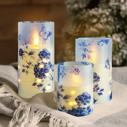 Flickering Flameless Candles Blue Peony Print Embedded Star String Lights, Battery Operated Acrylic LED Pillar Candles with 11-Key Remote and Timer for Home Decoration, 3 Pack