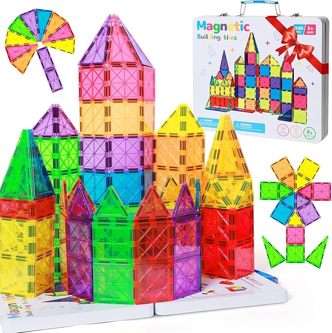 100Pcs Premium Magnetic Tiles Toys Set with Sturdy Iron Case STEM Educational Building Blocks for Kids Ages 3-5 4-8 Montessori Sensory Toys Creative Birthday Gifts for Toddler Boys &amp Girls