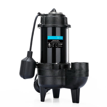 LEO 1/2 HP Sewage/Effluent Pump, 6000 GPH Submersible Basement Sewer Pump with 10ft Auto Float Switch, Cast Iron Sump Ejector, 2'' NPT for Sewage Basin, 115V