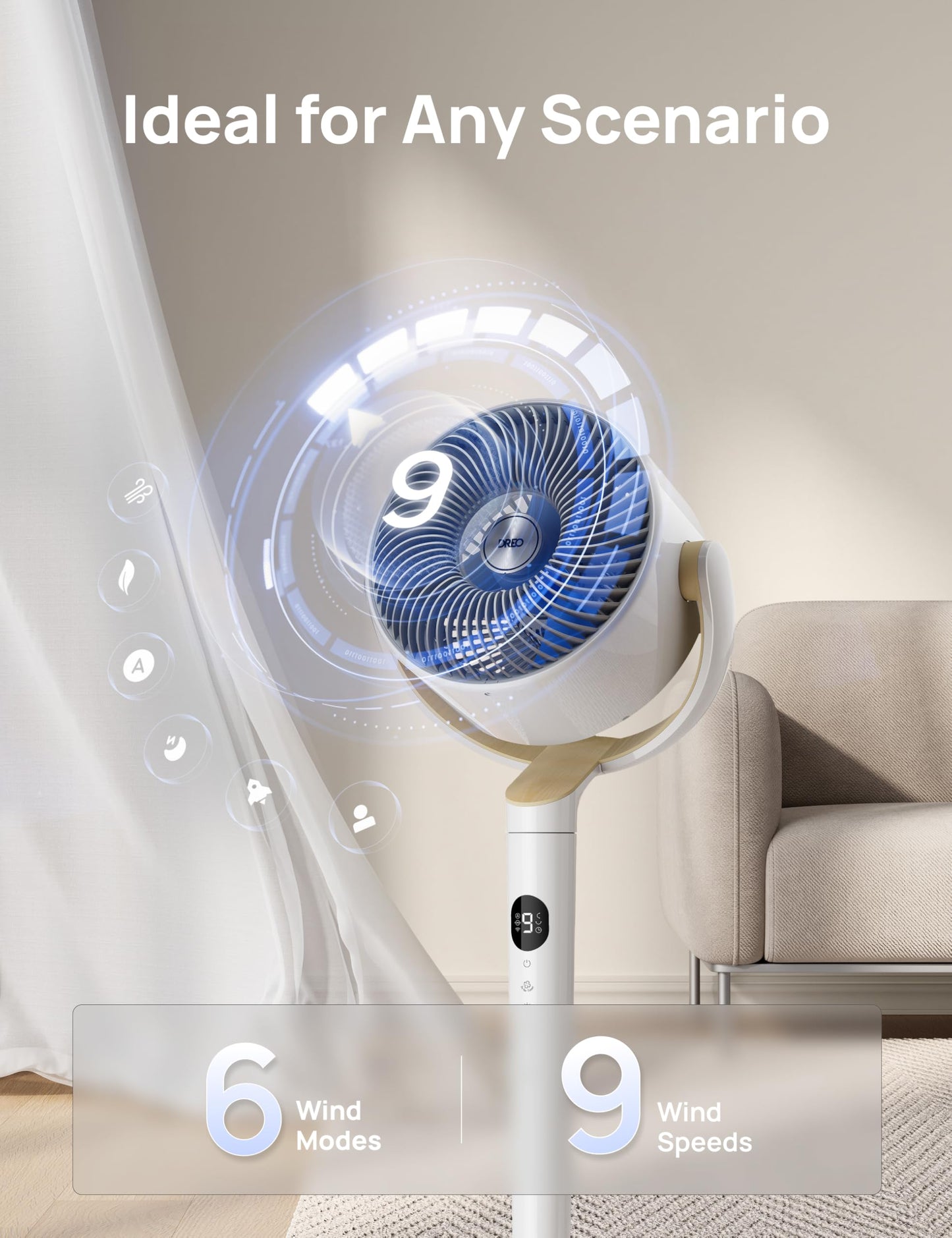 DREO Smart Fan for Bedroom, 120° +120° Omni-Directional Oscillating Fans, 100ft Quiet Pedestal Fan with RGB Light, 9 Speeds, 6 Modes, 20dB, 8H Timer, Wi-Fi/Voice/Alexa, 35-40" Floor Fans with Remote