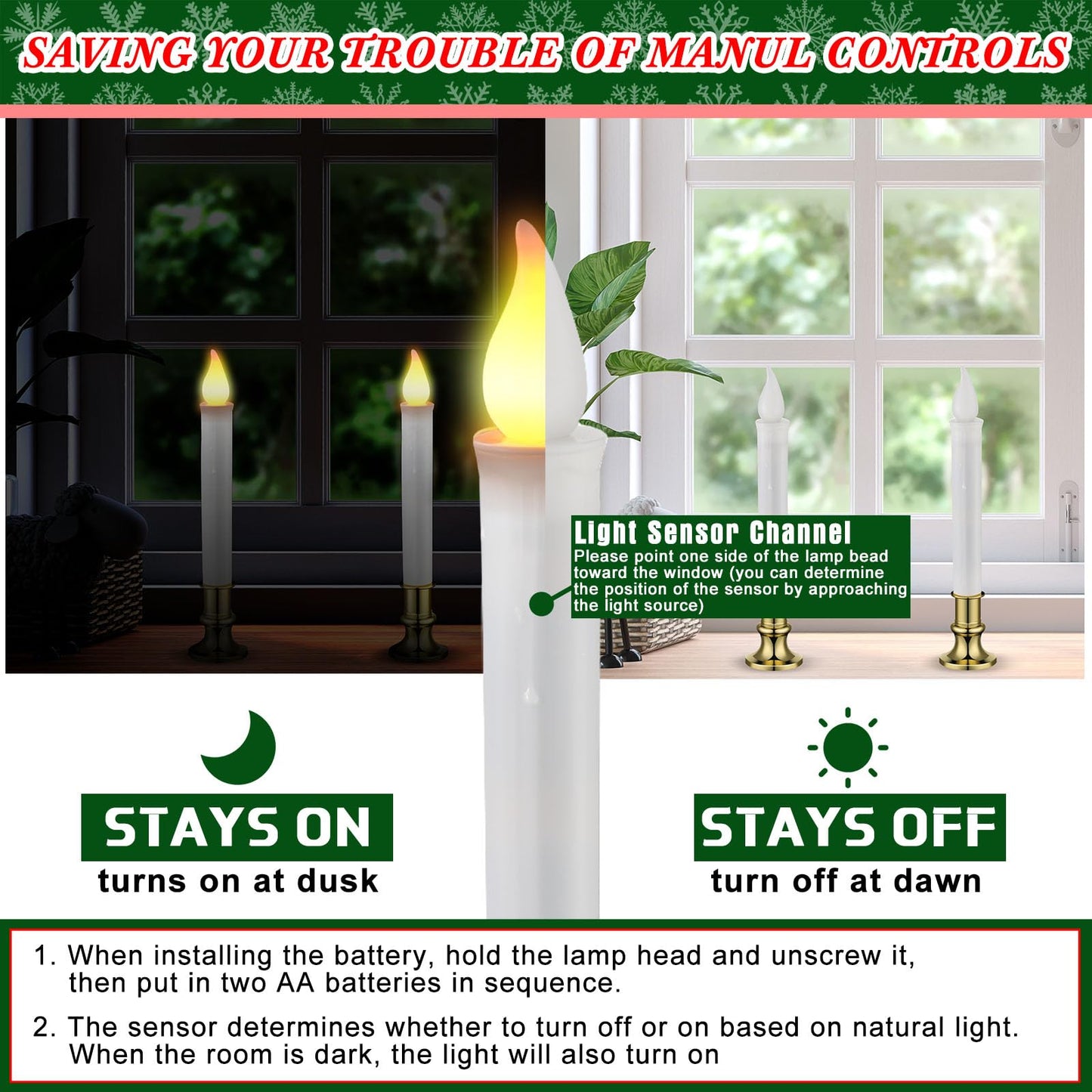 Baquler 8 Pcs Christmas LED Window Candles with Sensor Dusk to Dawn Light Sensor 9.37 Inches Cordless Flameless Battery Taper Candles with Flickering Amber Flame for Xmas Home Decor(Gold)