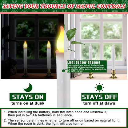 Baquler 8 Pcs Christmas LED Window Candles with Sensor Dusk to Dawn Light Sensor 9.37 Inches Cordless Flameless Battery Taper Candles with Flickering Amber Flame for Xmas Home Decor(Gold)