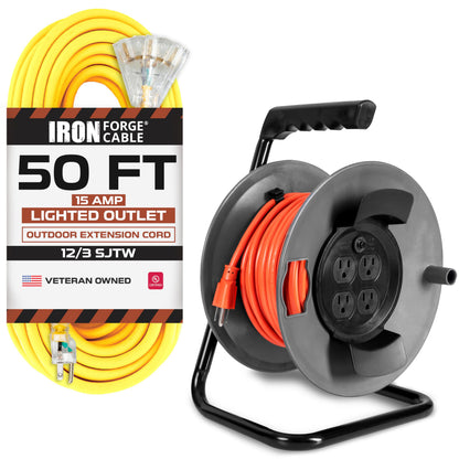 Iron Forge Cable 50 Ft Outdoor Extension Cord - 3 Outlets - 12/3 SJTW Heavy Duty Yellow 3 Prong, 15 AMP & 75 Ft Extension Cord Reel with 4 Electrical Outlets & Breaker Switch - 16/3 SJTW Orange Cable