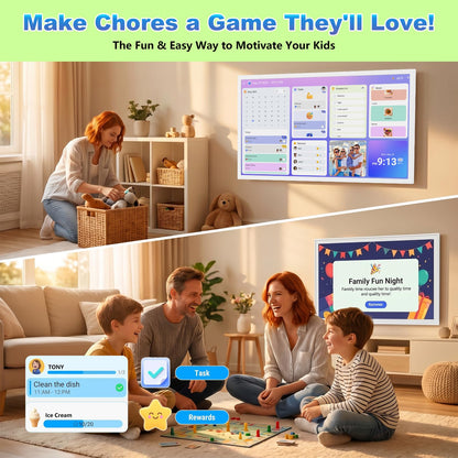 32" Digital Calendar Chore-Chart for-Wall-Planner - Interactive Touchscreen Display Electronic Calendar Picture Frame, Star Reward, Sync Google iCloud Outlook Calendar, Gifts for Mom, Wall Mount White