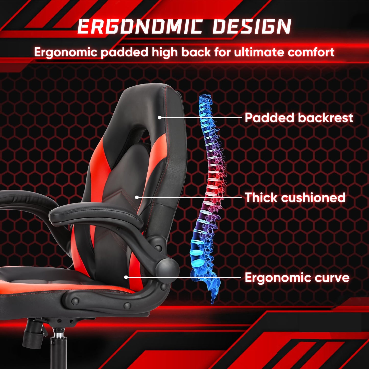 OLIXIS PU Leather Height Adjustable Computer Chair - Big and Tall Ergonomic Comfy Back Support Gaming Chair with Flip-up Armrest and 360° Swivel Wheels, for Home and Office, Red