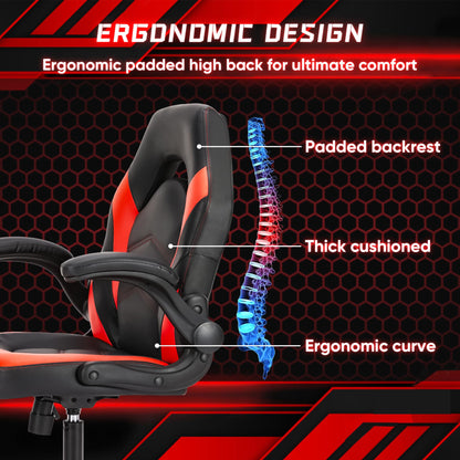 OLIXIS PU Leather Height Adjustable Computer Chair - Big and Tall Ergonomic Comfy Back Support Gaming Chair with Flip-up Armrest and 360° Swivel Wheels, for Home and Office, Red