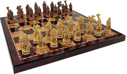 Antique Ivory &amp Brown Norse Viking Chess Set with 18 inch Cherry Color Board