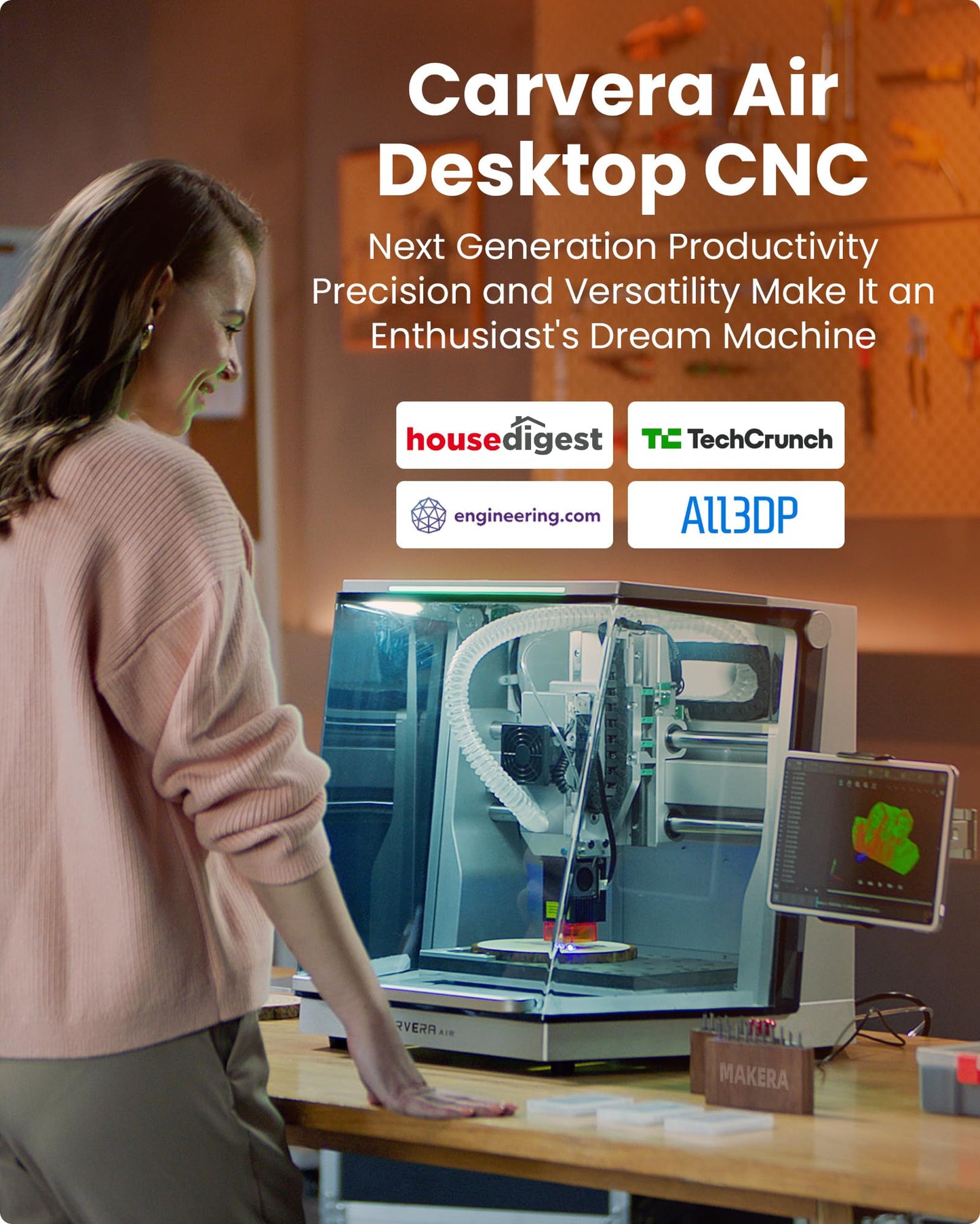 Carvera Air Desktop CNC Machine with 4th Axis, Compact Enclosed Mini CNC Router Mill, Quick Tool Changer Closed-Loop Control, Makera CAM, High Precision 4th Axis for DIY Makers Workshops Metal Wood
