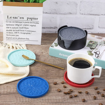 ME.FAN Silicone Coasters with Holder,[6 Pack] Drinking Coasters - Cup Mat for Hot or Cold Drinks, Thickened, Non-Slip, Non-stick,Deep Tray Navy Blue