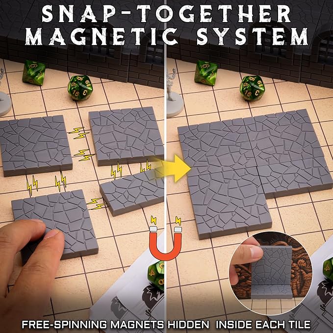 CZYY Magnetic Dungeon Tiles Set – 58 PCS Modular &amp Paintable Terrain Kit with Double-Sided Textured Floors Doors &amp Windows – Build 3D Battle Maps for DND Wargames &amp Tabletop RPGs (Basic