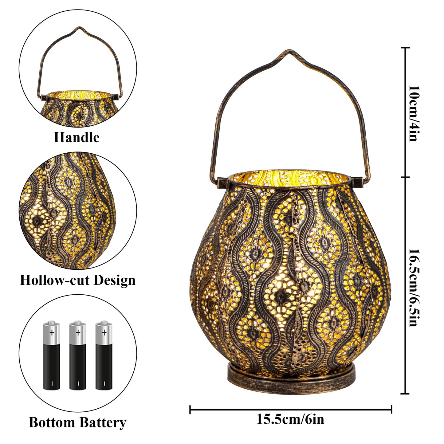 TRIROCKS Set of 2 Moroccan Decorative Lamps 8'' High Cordless Lamp Metal Table Lamps with Fairy Lights Bulb for Home Living Room Garden Yard Party Events Tabletop Indoor Outdoor(Black)