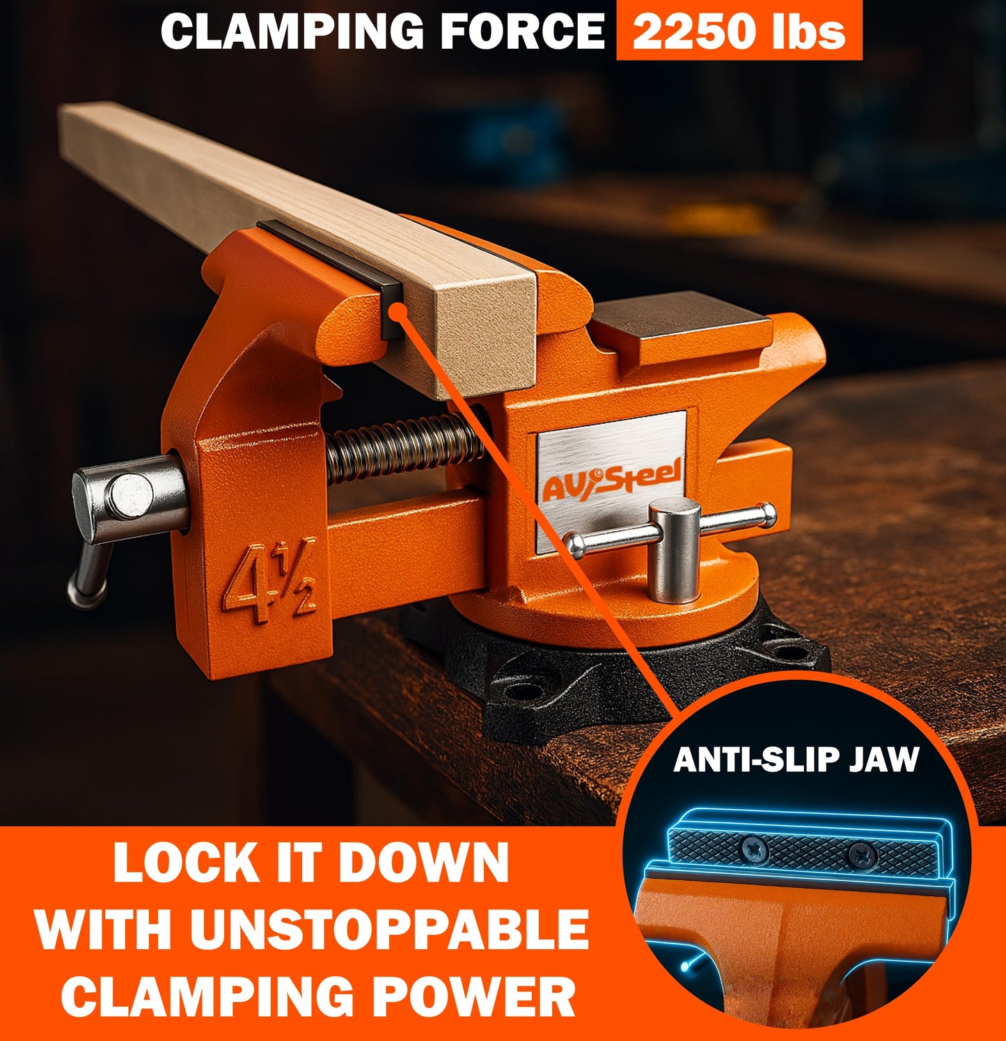 AV Steel 4-1/2" Bench Vise with 240° Flexible Swivel Locking Base and Anvil, High-Strength Multi-Purpose Workbench Vise Heavy-Duty, Cast Iron Workbench for Woodworking, Drilling, Pipe Cutting