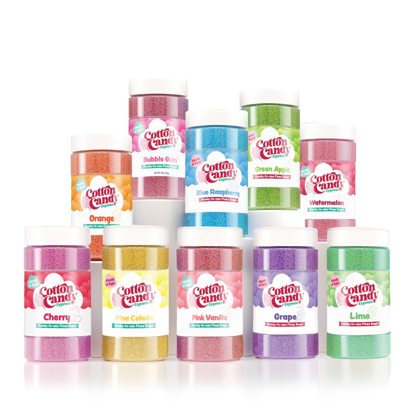 Cotton Candy Express Floss Sugar Variety Pack with 10 Total 11oz Plastic Jars Flossing Sugars bundled with Cotton Candy Express CC1000-S Cotton Candy Machine, Teal.