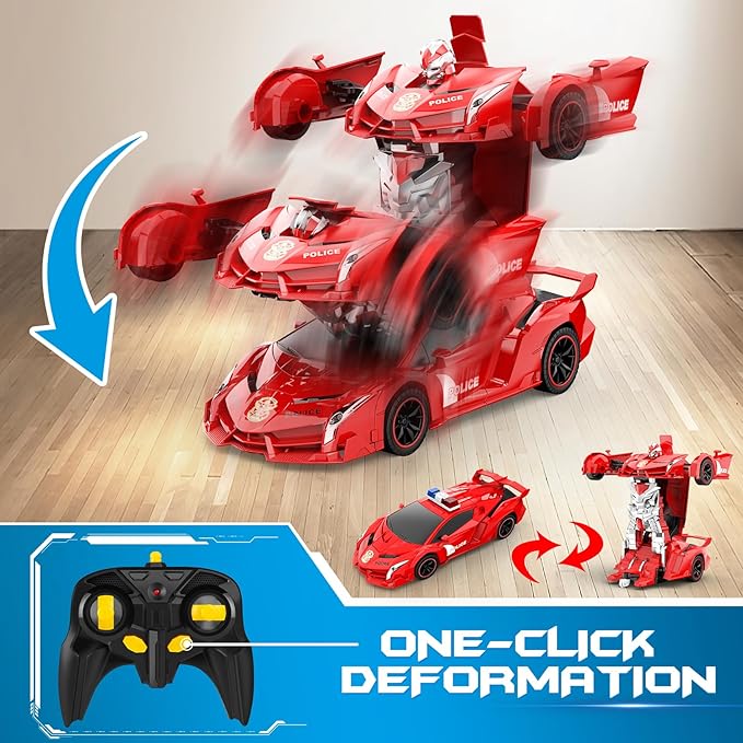FDJ Transform Remote Control Car Robot One Button Deformation to Robot with Flashing Light 2.4Ghz 1:18 Scale Transforming Police Car Kids Toys with 360 Degree Rotating Drifting Toys for Boys Girls