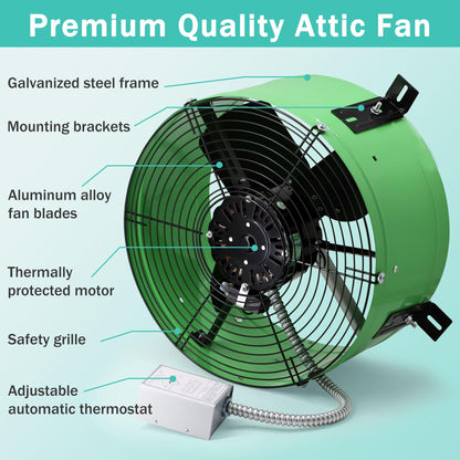 Hipoilk Gable Mount Attic Fan with Adjustable Thermostat, 15 Inch Exhaust Fan for Attic, Garage, Shed, Shop Ventilation, 1650 CFM, 1075 RPM, 2500 SQF Coverage Area
