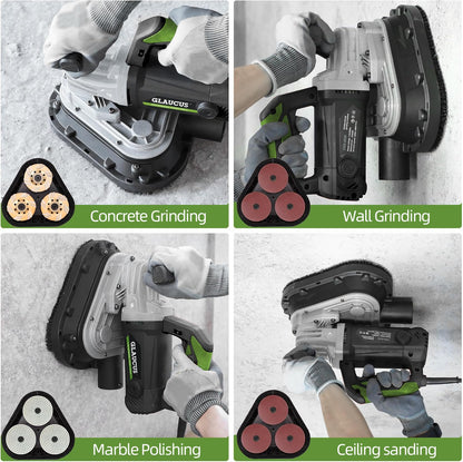 GLAUCUS 4" 3-Head Concrete Grinder, 2450W Concrete Floor Grinder with Bristle Dust Shroud & Vacuum, 6-Speed Diamond Grinding Machine for Concrete, Marble, Granite, Cement Floor Wall Polishing