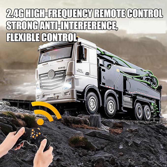 18.9 Inches 11 Channel Remote Control Cement Pump Truck 1/18 Scale 1-Batteries 2.4Ghz RC Concrete Construction Vehicle with Water Pump for 14y+ Beginnes (Grey 8-Wheels)
