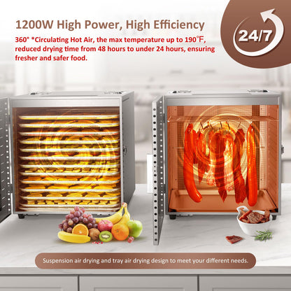 Ausegia Commercial Large 12 Trays Food Dehydrator, Usable Area up to 22.67ft², 1200W Full Stainless Steel Dryer Machine, up to 190℉ Temperature, for Meat, Fruit, Veggies, Beef, Herbs, Pet Foods