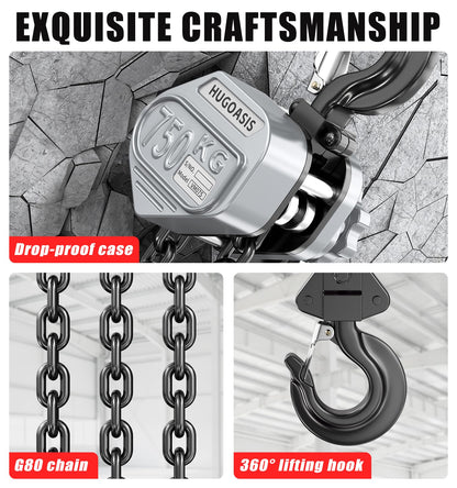 HUGOASIS Mini Lever Hoist 3/4 TON 1650 LBS Capacity 5FT Lift, Portable Aluminum Ratchet Chain Hoist with G80 Alloy Steel Chain, Dual Brake Hand Chain Puller for Lifting & Pulling,Silver