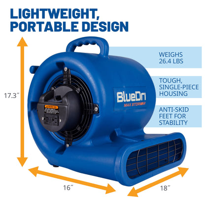 BlueDri Max Storm 35 1/3 HP 2900 CFM Air Mover Blower Floor Fan for Industrial Water Damage Flood Restoration Carpet and Floor Drying Blower Fan, Blue, BD-MS35
