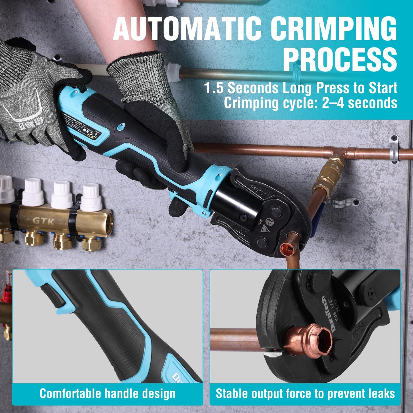 DURATECH 20V Brushless Copper Pipe Crimping Tool, 24KN Electric Press Tool with 1/2", 3/4", 1" VUS Jaws, LED Display, Work Light, 180° Rotating Head, Cordless Battery Crimper for Plumbing