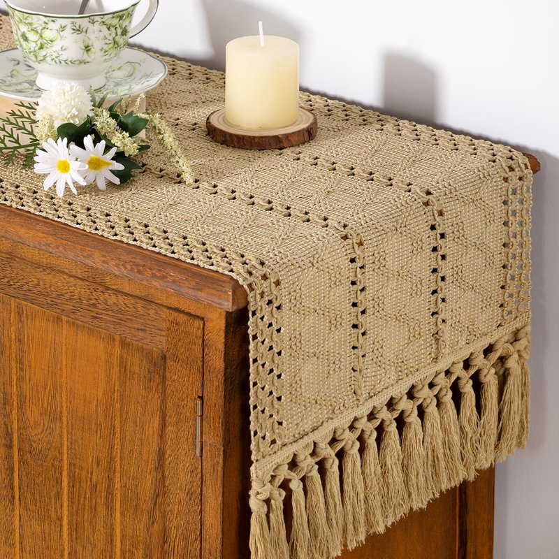 Socomi Boho Table Runner Macrame Summer Farmhouse Woven Cotton Linen Rustic Coffee Table Runner with Tassels for Dresser Scarf Home Decor Dining Room 12x90 inch Champagne