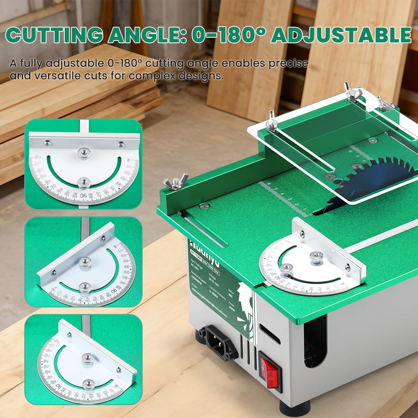 Huanyu Mini Table Saw 300W 1.14IN Cut Depth Portable Precision Hobby Table Saws Set for Wood Model DIY Crafts Woodworking 0-180° Angle Cutting Multifunctional 7-Level Speed Adjustable