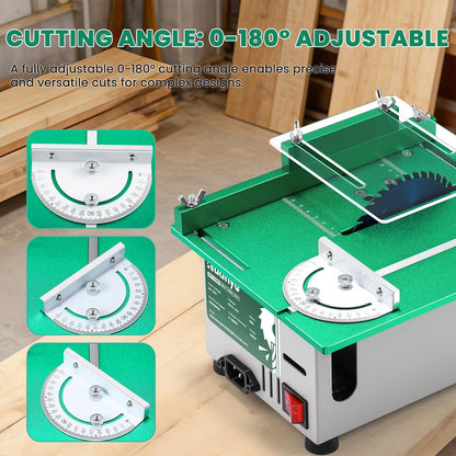 Huanyu Mini Table Saw 300W 1.14IN Cut Depth Portable Precision Hobby Table Saws Set for Wood Model DIY Crafts Woodworking 0-180° Angle Cutting Multifunctional 7-Level Speed Adjustable