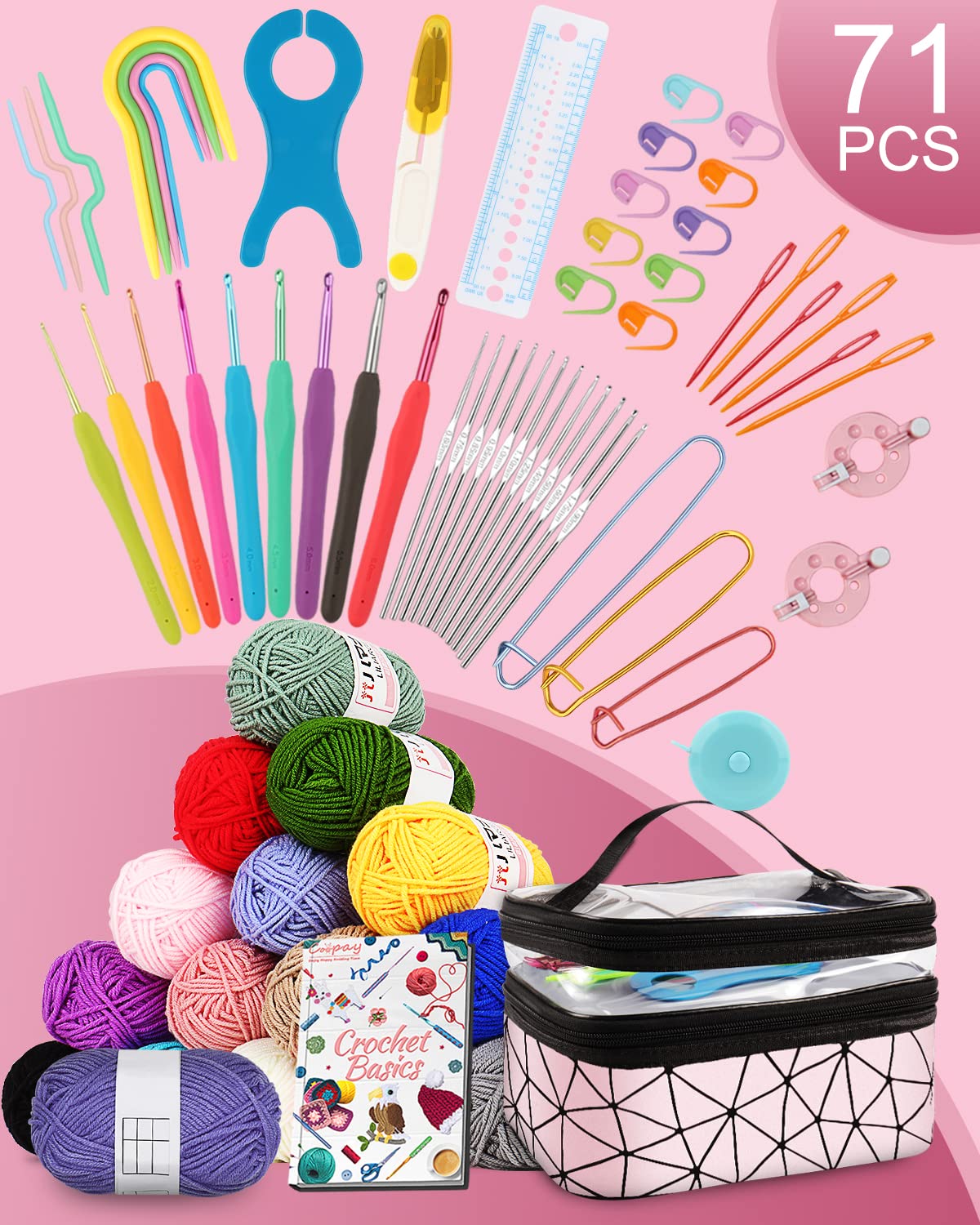 Coopay Crochet Kit for Beginners, 71PCS Crochet Starter Kit with 16 Colors Crochet Yarn & Instructions, Double-Layer Crochet Set Beginner Crochet Kit for Kids/Adults, Professional Starter Pack, Pink