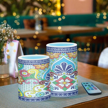 Eionryn Mexican Talavera Floral Tile Flameless Candles Moroccan Boho Flowers Battery Operated LED Candles with Remote Timer Electric Candles for Home Party Decor 2pcs