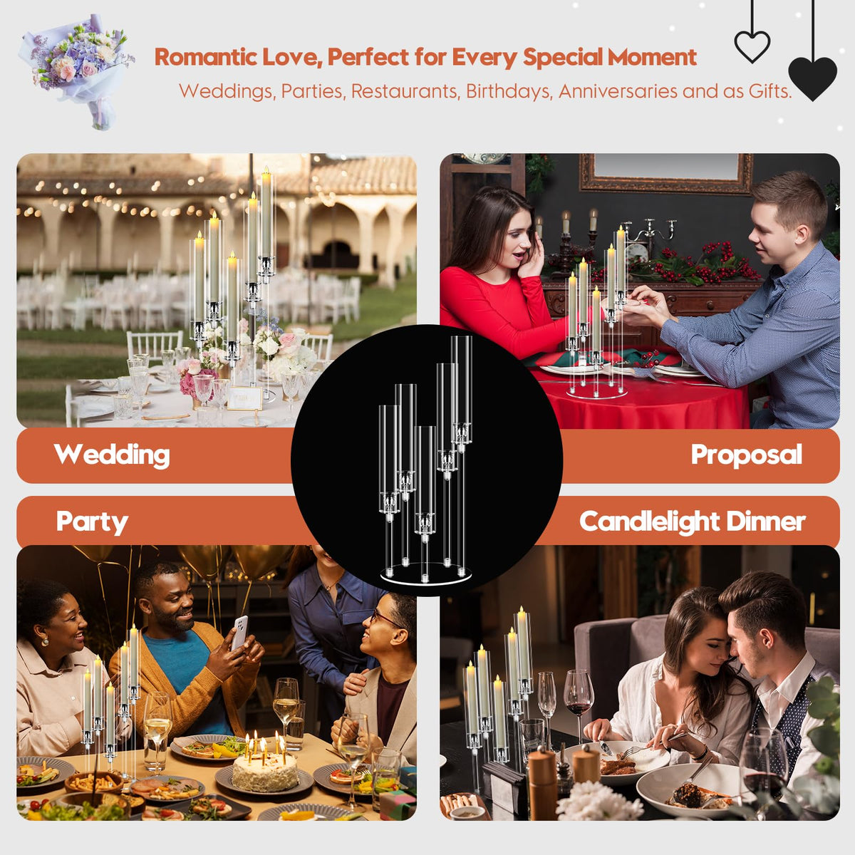 8 Set 5 Arm Acrylic Candle Holder, Mjkeomo 22'' Tall Candelabra Centerpieces for Tables, Candlesticks Holder with Lampshade for Housewarming Gift Fireplace Dinner Decor Fit 0.82'' LED Candle